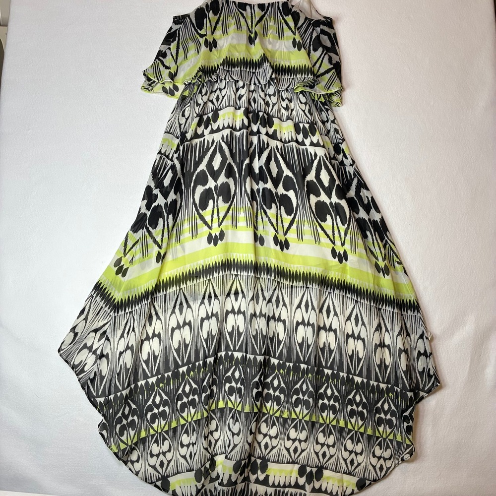Bisou Bisou Dress Women's 14 Green Ikat High Low Tiered Ruffle 13KD582B - Picture 8 of 11